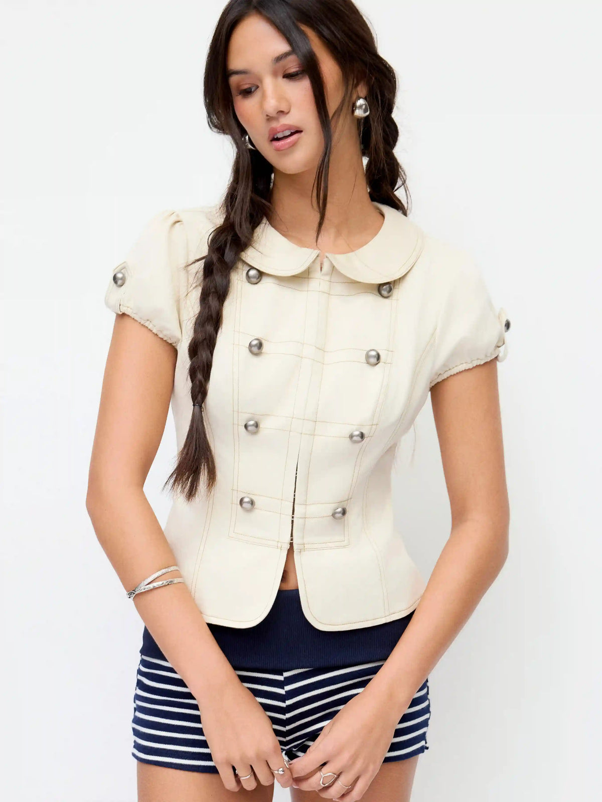 Cotton-Blend Peter Pan Collar Puff Sleeve Metal Detail Blouse
