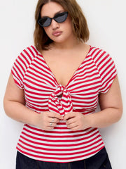 Cotton-blend V-neck Stripe Twist Short Sleeve Tee Curve & Plus