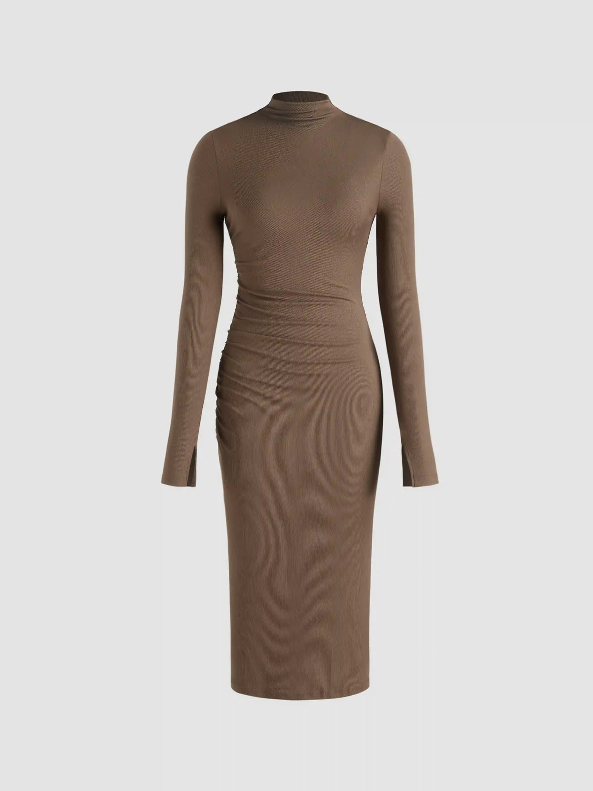 High Neck Solid Ruched Midi Dress
