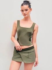 Square Neck Solid Belted Shirred Crop Top