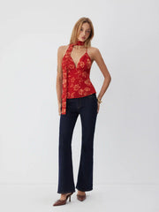 Chiffon Floral V-Neck Backless Crop Cami Blouse With Scarf