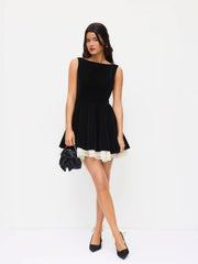 Velvet Boat Neck Ruffle Tie Back Two Tone Patched Backless Mini Babydoll Dress