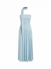 Textured Halter Neckline Ruched Split A-line Maxi Dress With Scarf