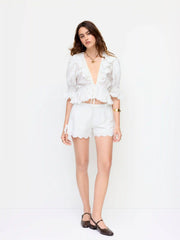 Cotton Low Rise Embroidery Tie Side Split Pointed Hem Oversized Shorts