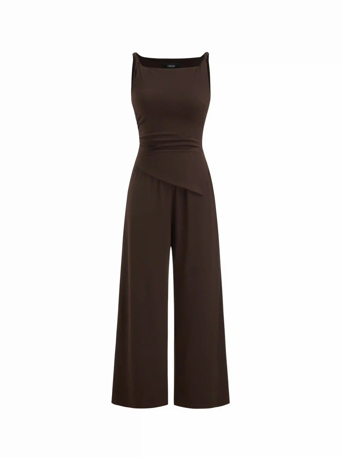Boat Neck Ruched Asymmetrical Hem Wide Leg Jumpsuit
