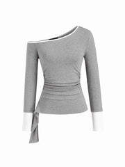 Asymmetrical Neck Long Sleeve Two Tone Ruched Top