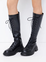 ROUND TOE LACE-UP CHUNKY HEEL KNEE HGH BOOTES