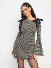 Cotton-blend Boat Neck Gingham Bowknot Ruched Mini Dress