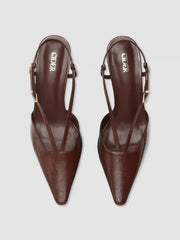 POINTED TOE STRAPPY FAUX PATENT LEATHER SLINGBACK HEELS