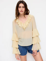 Chiffon V-Neck Ruffled Tiered Sleeve Oversized Blouse