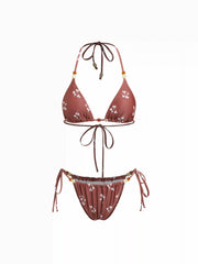 Halter Neckline Floral Beaded Triangle Bikini Set