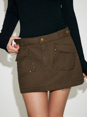 Washed Denim Low Rise Studded Pocket A-line Micro Mini Skirt