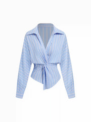 Cotton-blend Striped V-Neck Twist Knotted Long Sleeve Blouse