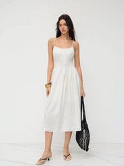 Linen-blend Square Neck Stripe Shirred Midi Dress