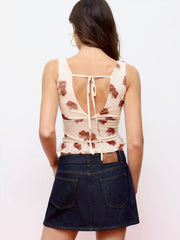Mesh Cowl Neck Floral Knotted Backless Top