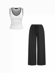 Cotton-blend Scoop Neck Two Tone Ruched Tank & Mid Rise Drawstring Straight Leg Trousers Set