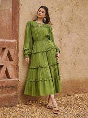 Round Neckline Puff Sleeve Ruffled Tiered Maxi Dress