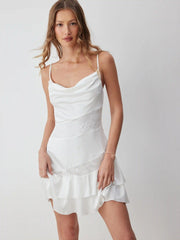 Satin Cowl Neck Lace Ruched Ruffle Hem Mini Dress
