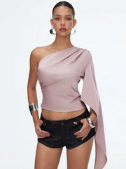Satin Asymmetrical Neck Cloak Sleeve Draped Blouse