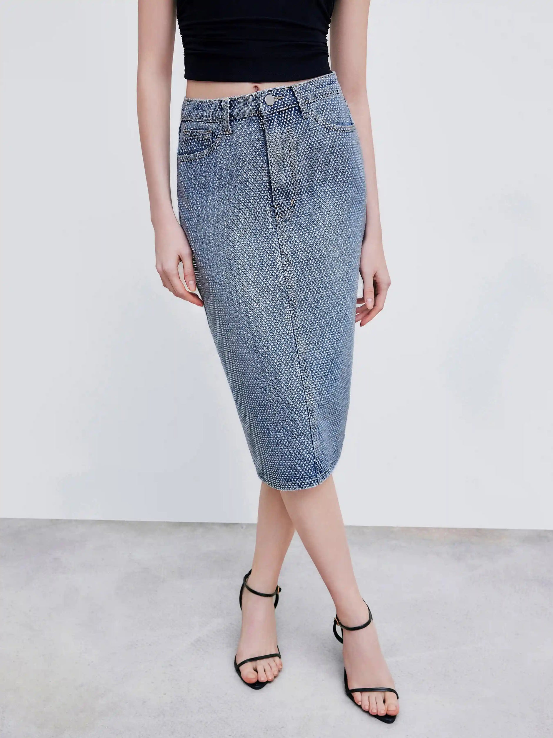 Cider Denim High Rise Rhinestone Split Maxi Skirt