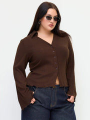Collar Split Lettuce Trim Long Sleeve Top Curve & Plus