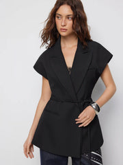Collar Oversized Belted Sleeveless Blazer Vest