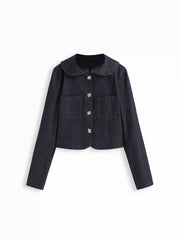 Washed Denim Peter Pan Collar Floral Metal Button Oversized Jacket