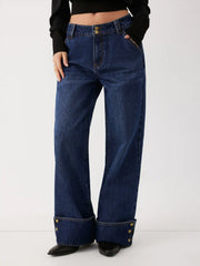 Washed Denim Low Rise Metal Detail Wide Leg Jeans