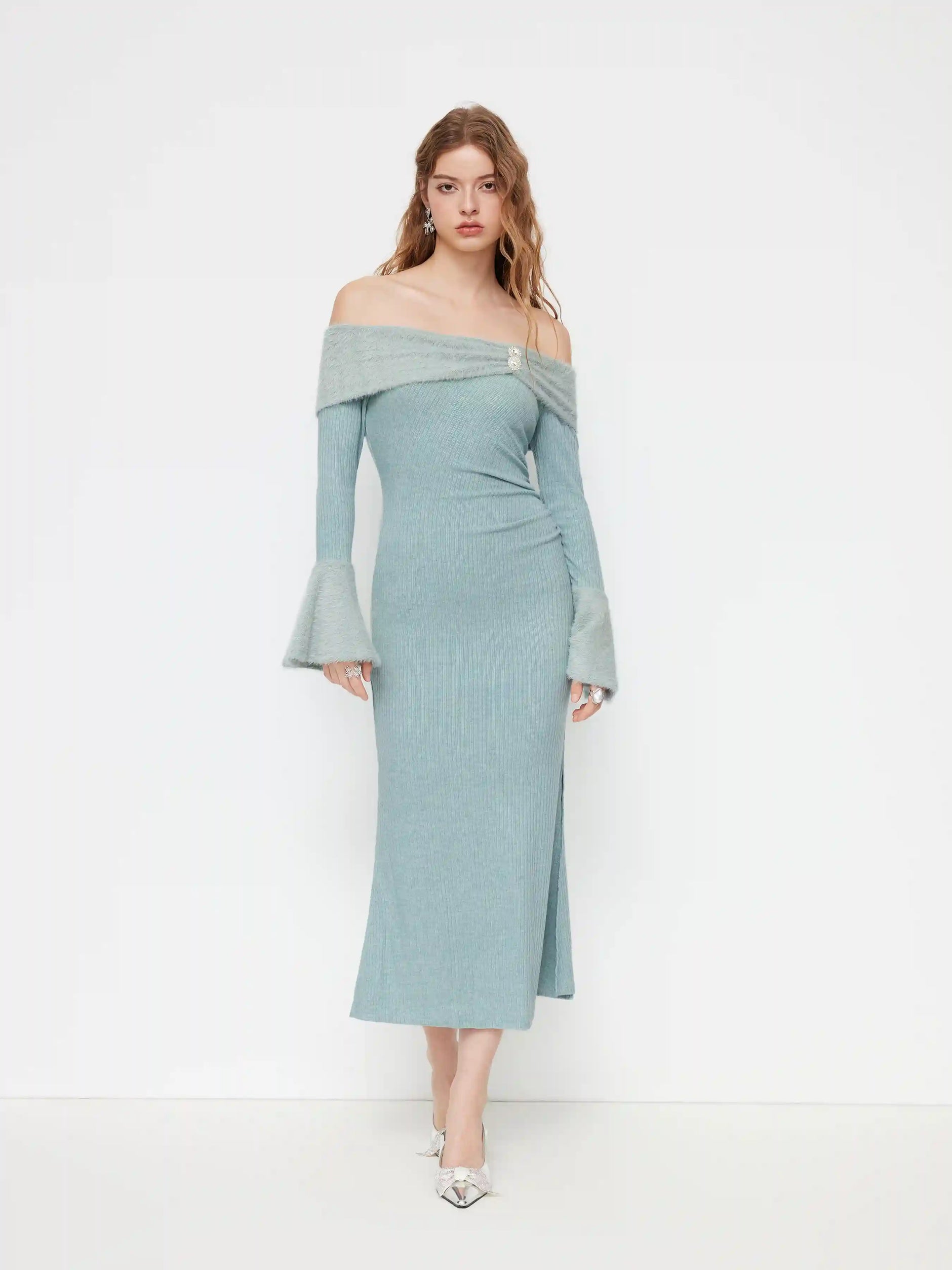 Off-shoulder Bell Sleeve Rhinestone Ruched Maxi Dress