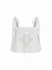 Linen-blend Floral Applique Tie Strap Cami Top & Mid Rise Shorts Set