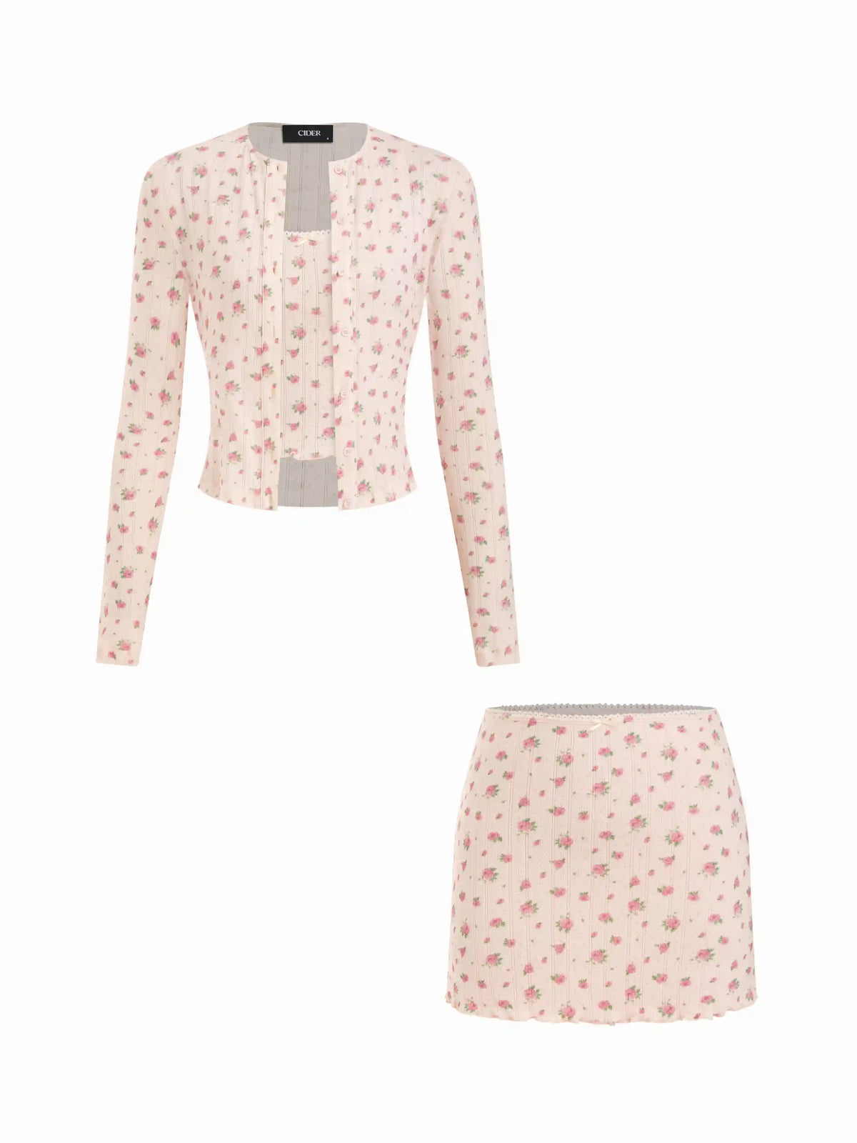 Three-piece Cotton-blend Pointelle Ditsy Floral Cardigan & Lettuce Trim Cami Top & Mini Skirt Set