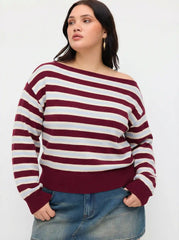 Knit Asymmetrical Neck Striped Sweater Curve & Plus
