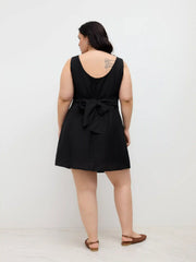 Linen-blend Boat Neck Ruched Knotted Backless Mini Dress Curve & Plus