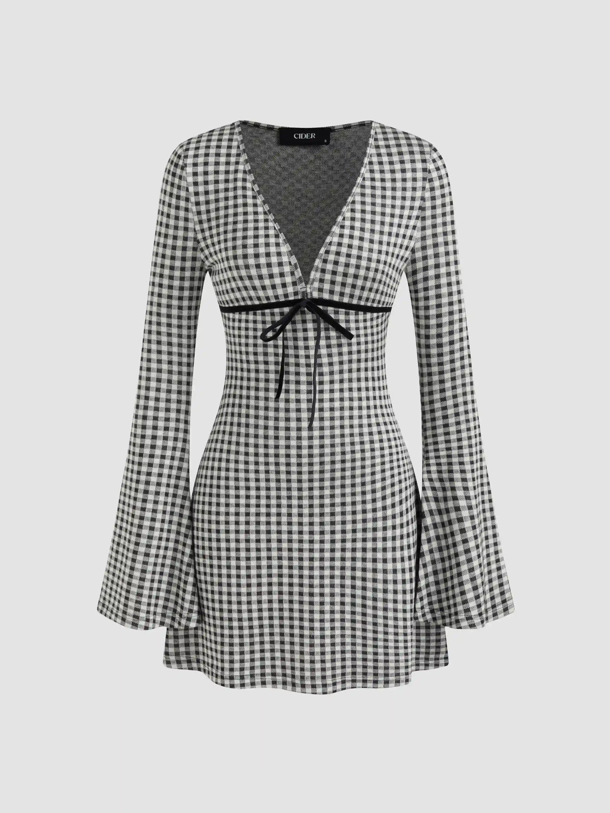 V-neck Gingham Bowknot Mini Dress