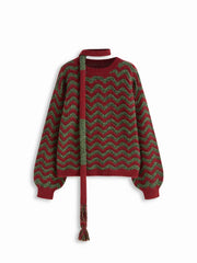 Knit Wave Geometric Lantern Sleeve Top With Scarf