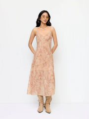 Chiffon Paisley Print V-Neck Lace Trim A-line Maxi Dress
