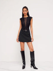 Lace Round Neckline Solid Cut Out See-through Bodysuit