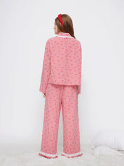 Cotton-blend Gingham Broderie Anglaise Oversized Top & High Rise Lettuce Trim Wide Leg Trousers Loungewear Set