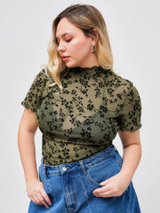 Mesh Round Neckline Floral Lettuce Trim See-through Bodysuit Curve & Plus