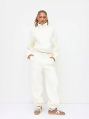 Oversized Fleece Collar Zip Through Top & Mid Rise Elastic Waist Jogger Pants Set