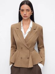 Collar Double Breasted Ruffled Cinched Waist Peplum Blazer
