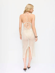 Knit Scoop Neck Flower Detail Criss Cross Hollow Out Split Cover Up Dress