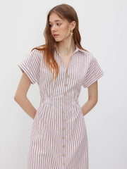 Cotton-blend V-neck Stripe Button Through Elastic Waist Shirt Midi Dress
