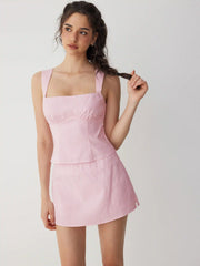 Cotton Textured Square Neck Bowknot Top & Mid Rise Mini Skirt Set
