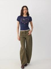 Cotton-blend Heart & Dog Graphic Embroidery Short Sleeve Top