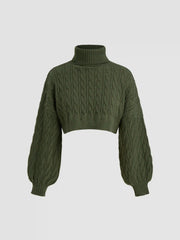 Cable Knit Turtleneck Solid Long Sleeve Crop Top