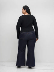 Cotton-blend V-neck Split Long Sleeve Top Curve & Plus