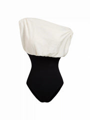 Linen-blend Asymmetrical Neck Color-Blocking Sleeveless Bodysuit