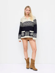 Knit Collar Aztec Half Zip Long Sleeve Top
