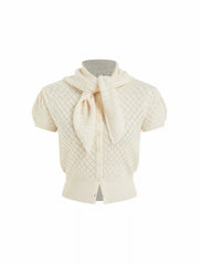 Knit Pointelle Puff Sleeve Scarf Tie Cardigan